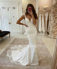 Elegant Sleeveless Satin Ivory Lace Mermaid Wedding Dresses