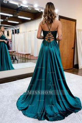 Elegant Spaghetti Straps A-Line Prom Dresses Evening Gowns With Slit