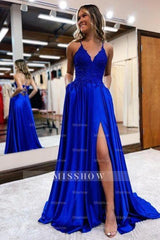 Elegant Spaghetti Straps A-Line Prom Dresses Evening Gowns With Slit