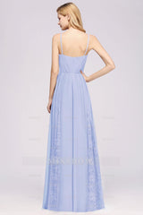 Elegant Spaghetti Straps Long Bridesmaid Dresses Lace V-Neck Maid of Honor Dress