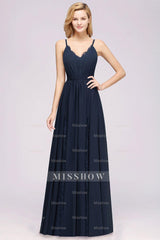 Elegant Spaghetti Straps Long Bridesmaid Dresses Lace V-Neck Maid of Honor Dress