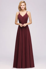 Elegant Spaghetti Straps Long Bridesmaid Dresses Lace V-Neck Maid of Honor Dress