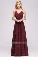 Elegant Spaghetti Straps Long Bridesmaid Dresses Lace V-Neck Maid of Honor Dress