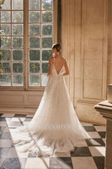 Elegant spaghetti straps sleeveless a-line lace Wedding Dresses