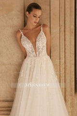 Elegant spaghetti straps sleeveless a-line lace Wedding Dresses