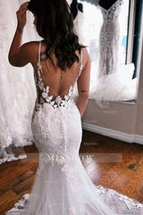 Elegant spaghetti straps sleeveless mermaid lace wedding dress
