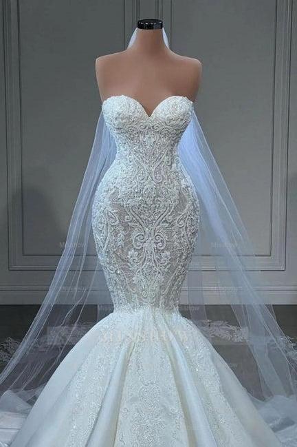 Elegant Strapless Sleeveless Mermaid Satin Floor-Length Wedding Dresses with Lace