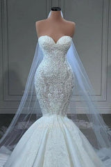 Elegant Strapless Sleeveless Mermaid Satin Floor-Length Wedding Dresses with Lace