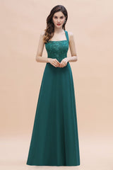 Elegant Straps Peacock Chiffon Appliques Bridesmaid Dresses Sleeveless On Sale