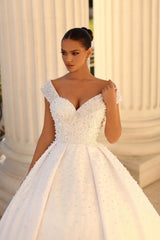 Elegant sweetheart cap sleeves ball gown satin wedding dress sequined