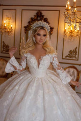 Elegant Sweetheart Long Sleeves Ball Gown Lace Wedding Gowns Bridal Dresses