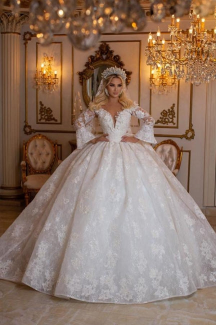Elegant Sweetheart Long Sleeves Ball Gown Lace Wedding Gowns Bridal Dr misshow