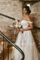 Elegant sweetheart off-the-shoulder cap sleeves a-line lace wedding dress