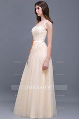 Elegant Tulle Lace Champagne Long Bridesmaid Dresses With Appliques