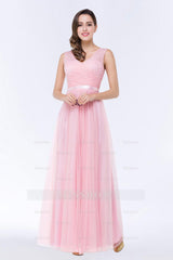 Elegant Tulle V-Neck Sleeveless Ruffle Long Bridesmaid Dresses with Sash
