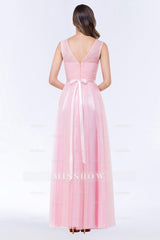 Elegant Tulle V-Neck Sleeveless Ruffle Long Bridesmaid Dresses with Sash