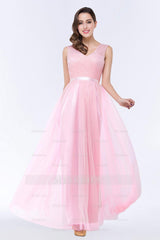 Elegant Tulle V-Neck Sleeveless Ruffle Long Bridesmaid Dresses with Sash