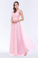 Elegant Tulle V-Neck Sleeveless Ruffle Long Bridesmaid Dresses with Sash