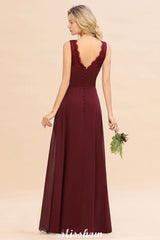 Elegant V-Neck aline Bridesmaid Dress Burgundy Backless Chiffon Party Dress