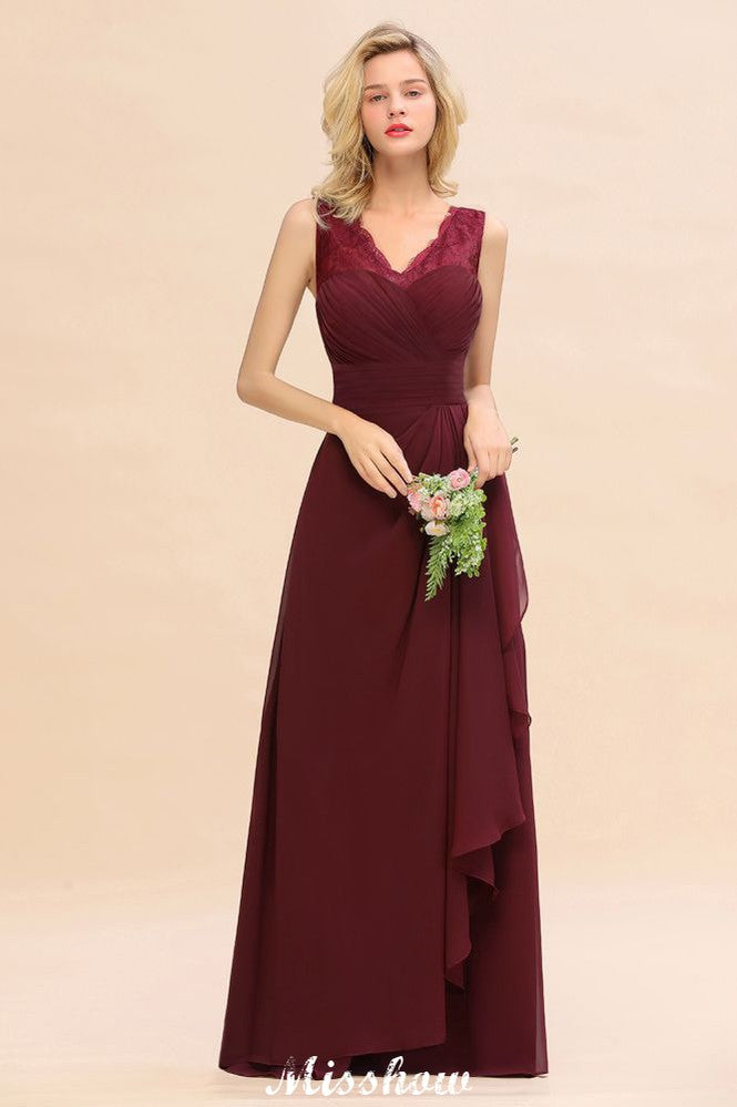 Elegant V-Neck aline Bridesmaid Dress Burgundy Backless Chiffon Party Dress