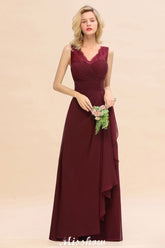 Elegant V-Neck aline Bridesmaid Dress Burgundy Backless Chiffon Party Dress