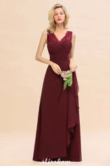Elegant V-Neck aline Bridesmaid Dress Burgundy Backless Chiffon Party Dress