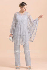 Elegant V-Neck Appliques Silver Mother of Bride Jumpsuit with Lace Wraps