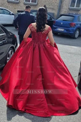 Elegant v-neck capsleeves a-line satin Wedding dresses