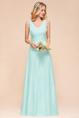 Elegant V-Neck Chiffon Bridesmaid Dress A-line Maxi Wedding Party Dress