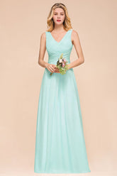Elegant V-Neck Chiffon Bridesmaid Dress A-line Maxi Wedding Party Dress