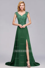 Elegant V-Neck Dark Green Lace Bridesmaid dresses with Front-Slit