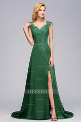 Elegant V-Neck Dark Green Lace Bridesmaid dresses with Front-Slit