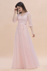 Elegant V-neck Half Sleeves Lace Pink Bridesmaid Dresses On Sale