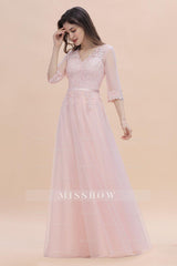 Elegant V-neck Half Sleeves Lace Pink Bridesmaid Dresses On Sale