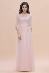 Elegant V-neck Half Sleeves Lace Pink Bridesmaid Dresses On Sale