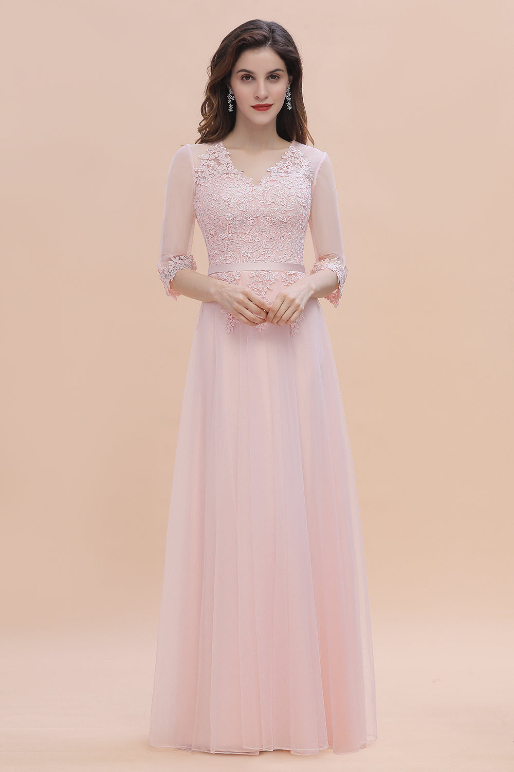 Elegant V-neck Half Sleeves Lace Pink Bridesmaid Dresses On Sale