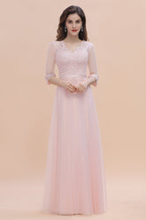 Elegant V-neck Half Sleeves Lace Pink Bridesmaid Dresses On Sale