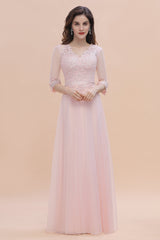 Elegant V-neck Half Sleeves Lace Pink Bridesmaid Dresses On Sale