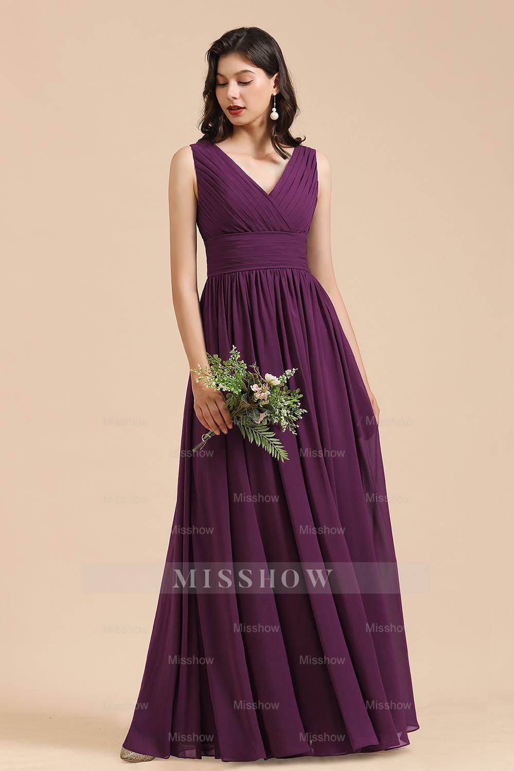 Elegant V-Neck Ruffle A-line Chiffon Lace Bridesmaid Dresses