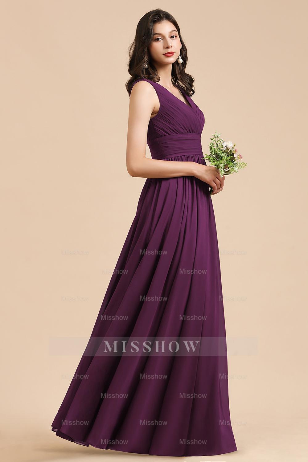 Elegant V-Neck Ruffle A-line Chiffon Lace Bridesmaid Dresses