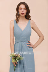 Elegant V-Neck Ruffle Dusty Blue Chiffon Bridesmaid dresses