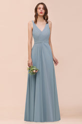 Elegant V-Neck Ruffle Dusty Blue Chiffon Bridesmaid dresses