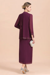 Elegant V-Neck SLeeveless Apppliques Grape Mother of Bride Dress with Wraps