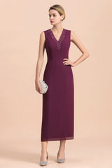 Elegant V-Neck SLeeveless Apppliques Grape Mother of Bride Dress with Wraps