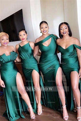 Elegant Vintage Off-the-Shoulder Elastic Woven Satin Ruched Sleeveless Bridesmaid Dresses