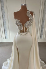 Elegant White A-line One Shoulder Evening Dresses Long Glitter Prom Dresses With Slit