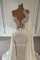 Elegant White A-line One Shoulder Evening Dresses Long Glitter Prom Dresses With Slit