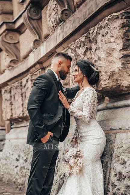 Elegant White Floral Lace Mermaid Spring Wedding Dress Long Sleeves V-Neck Slim Bridal Dresses