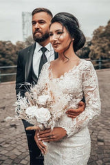 Elegant White Floral Lace Mermaid Spring Wedding Dress Long Sleeves V-Neck Slim Bridal Dresses