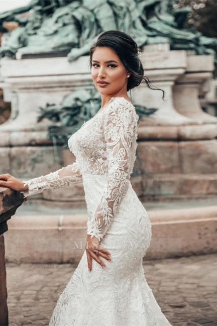 Elegant White Floral Lace Mermaid Spring Wedding Dress Long Sleeves V-Neck Slim Bridal Dresses